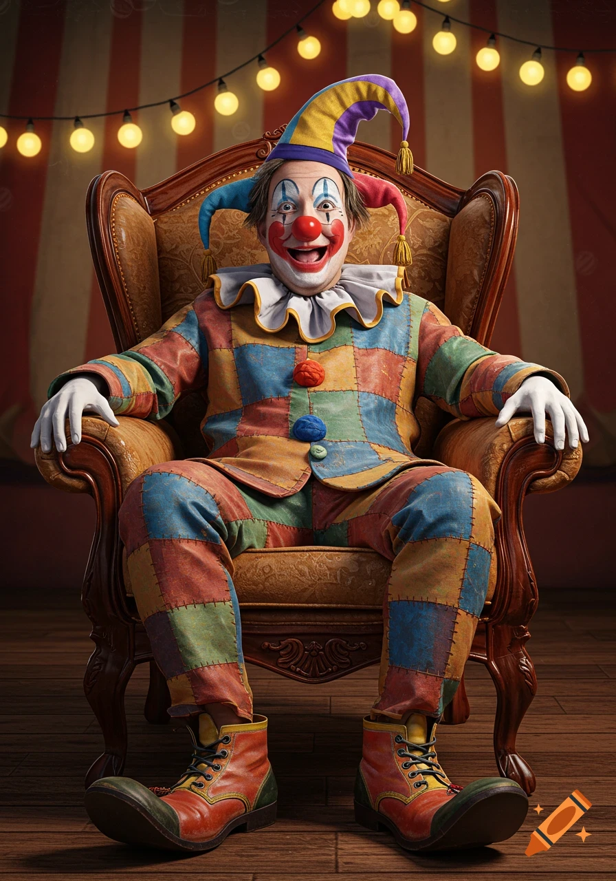 A smiling clown in a colorful patchwork suit, jester hat, and white gloves sits in an ornate armchair in a circus tent.