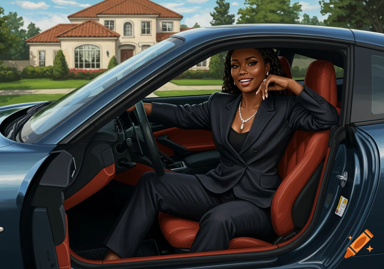 Smiling Black woman in a business suit and jewelry sitting in a luxury sports car in front of a mansion.
