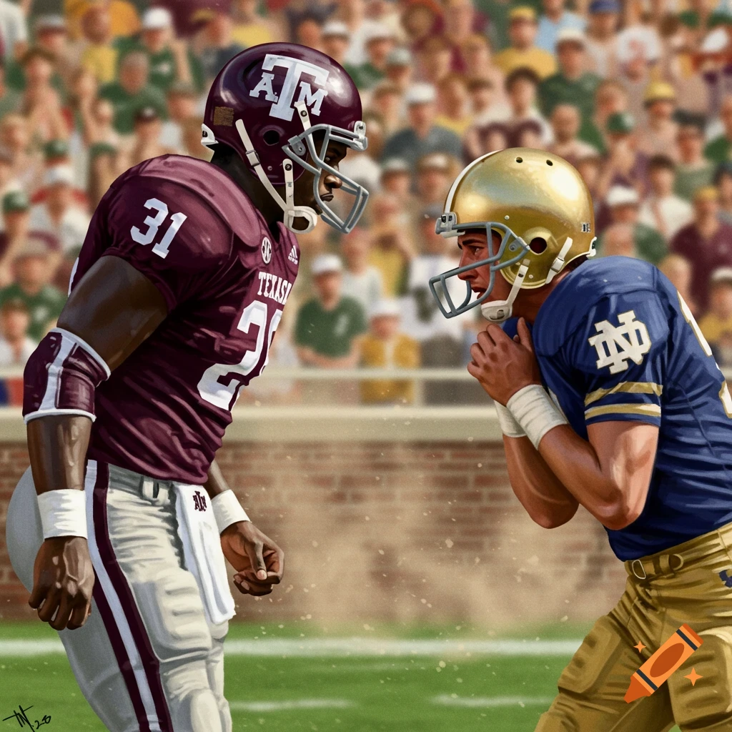 Illustration of a Texas A&M football player in maroon uniform facing a Notre Dame player in blue and gold on a field.