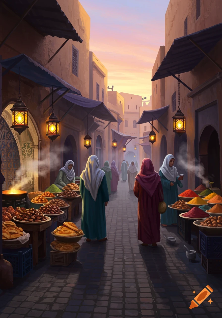 Illustrated market street at sunset with people in traditional attire browsing stalls filled with spices and food, illuminated by lanterns.