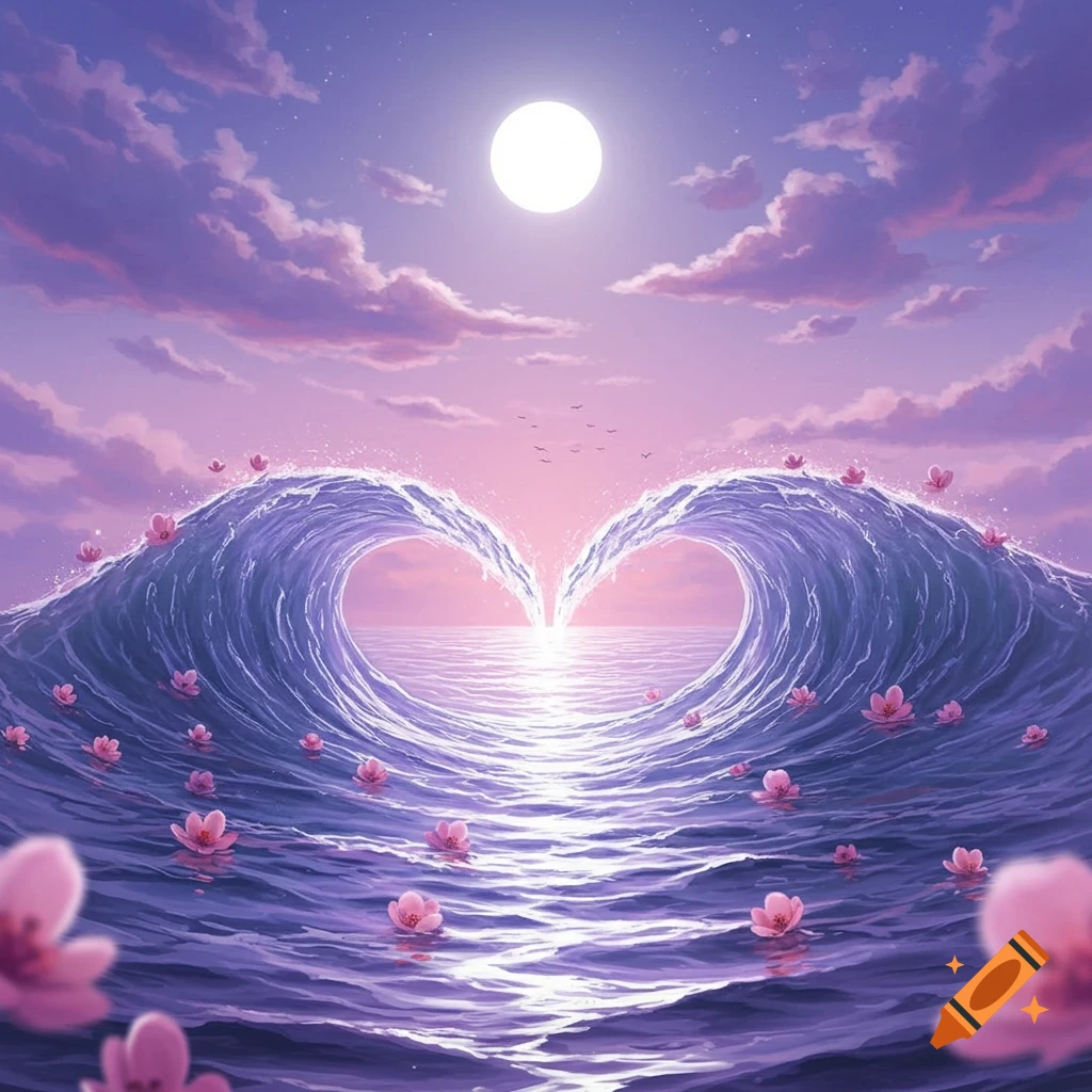 Dreamy digital art of ocean waves forming a heart shape under a full moon, with pink flowers floating on pastel purple and pink water.