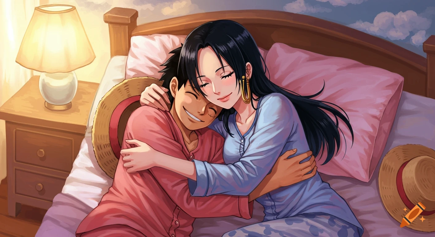 Luffy and Hancock hugging affectionately in bed while wearing pajamas, in an anime art style.
