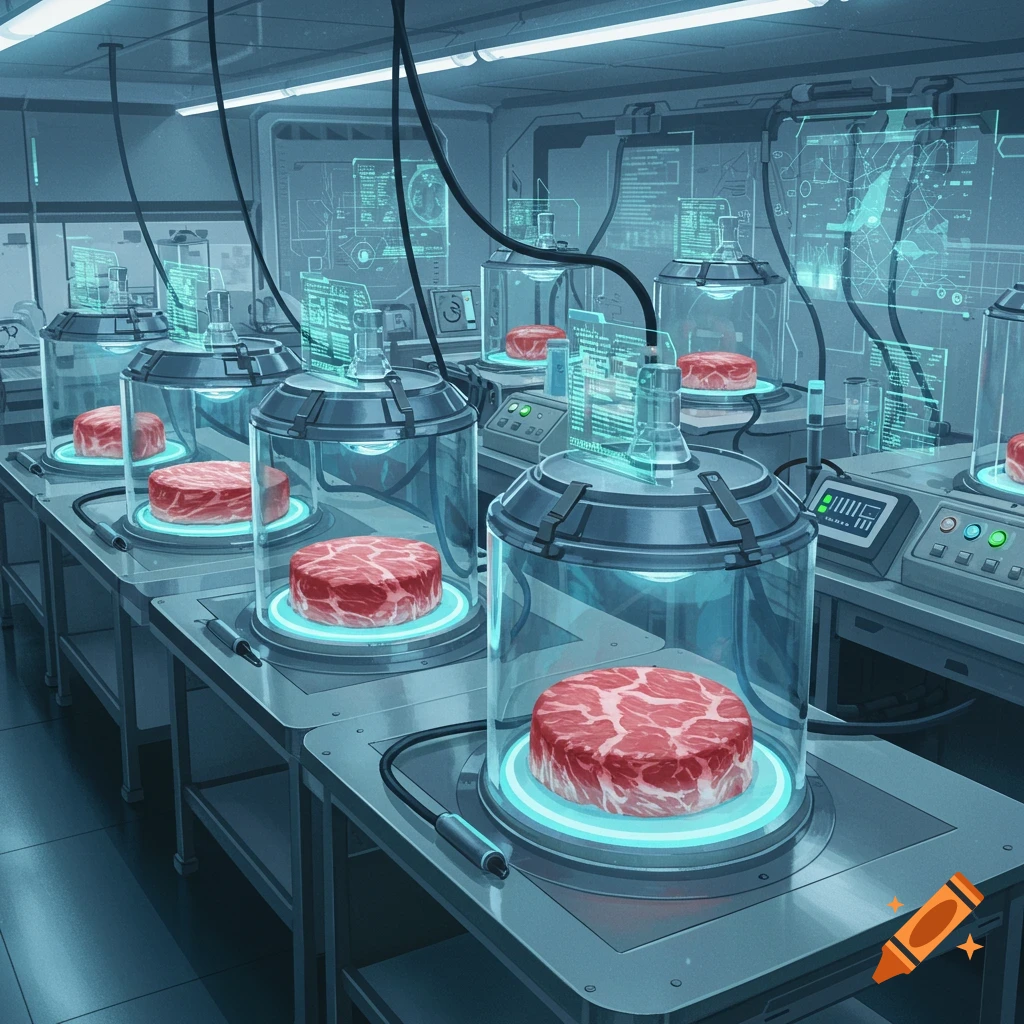 A futuristic laboratory with multiple raw meat patties growing in individual glass containers with glowing blue bases and holographic screens.