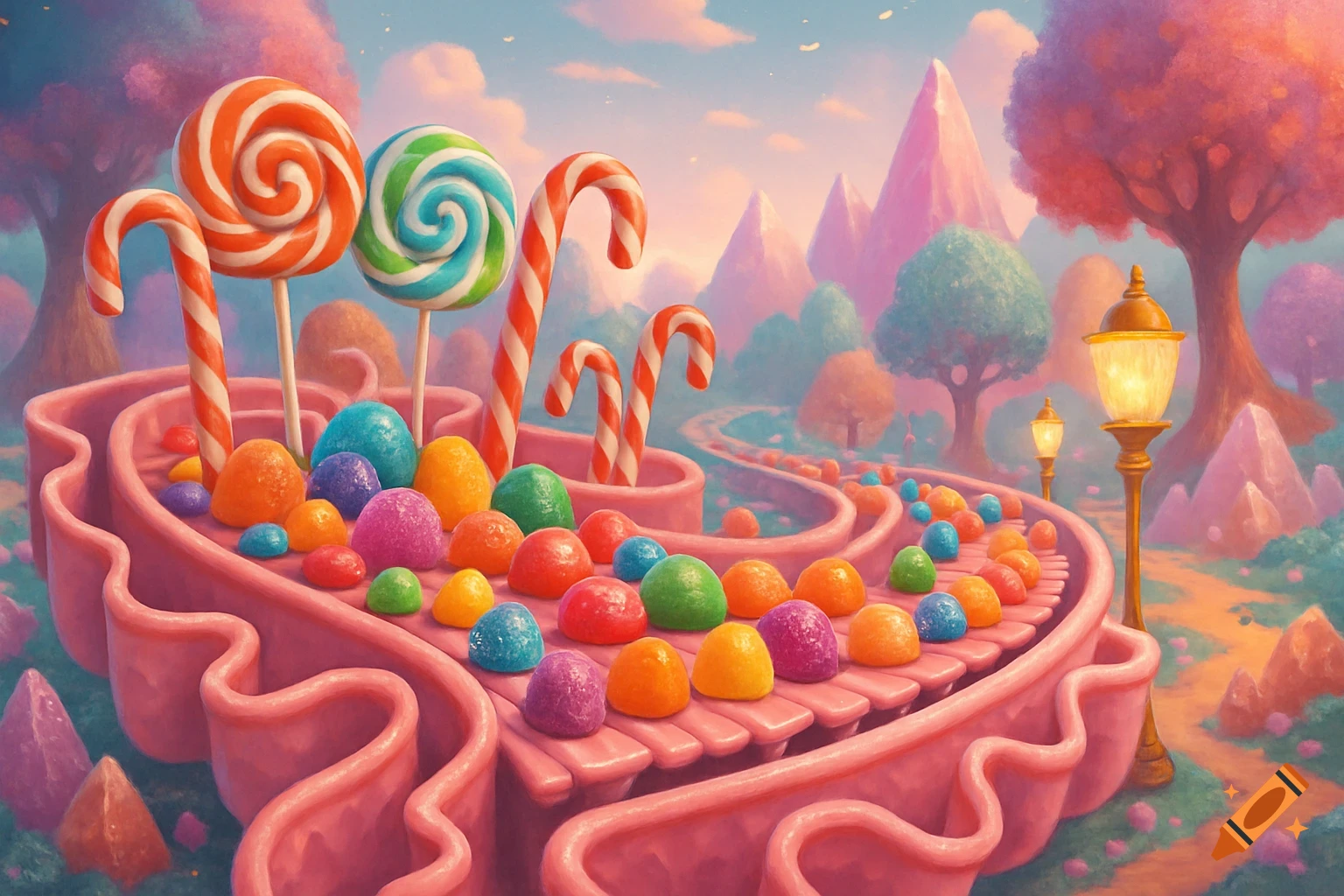 Vibrant candyland illustration with a pink candy path, colorful candies, lollipops, and candy canes. Pastel mountains and trees.