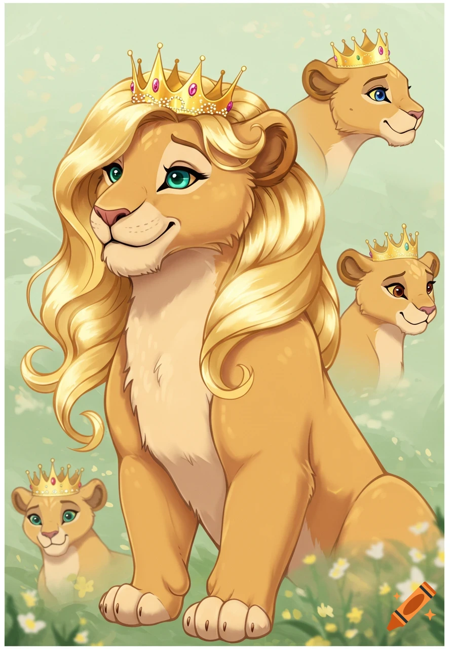 A cartoon golden-maned lioness with a crown smiles in a flowery meadow; three smaller lionesses appear in the background.