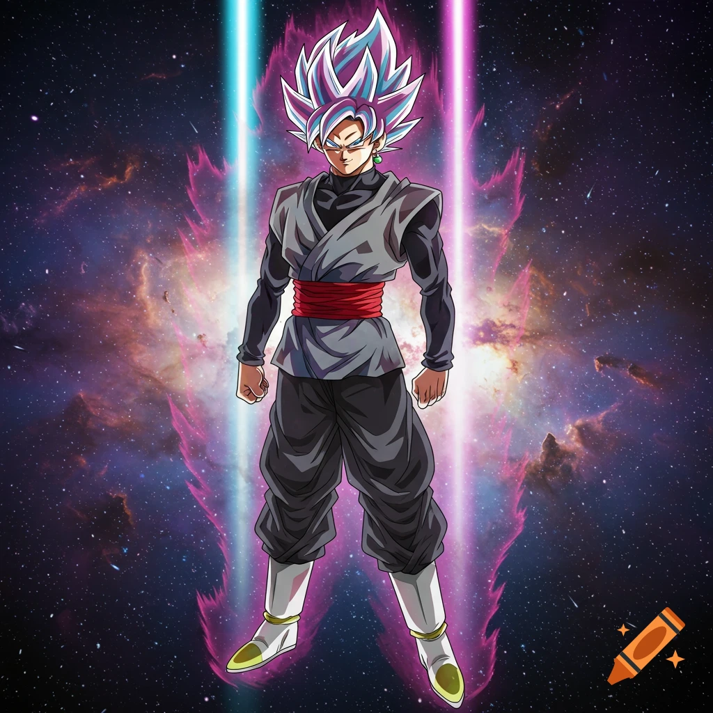 Anime character resembling Goku Black with pink and blue spiky hair, wearing a black gi and red sash, standing in space with energy auras.