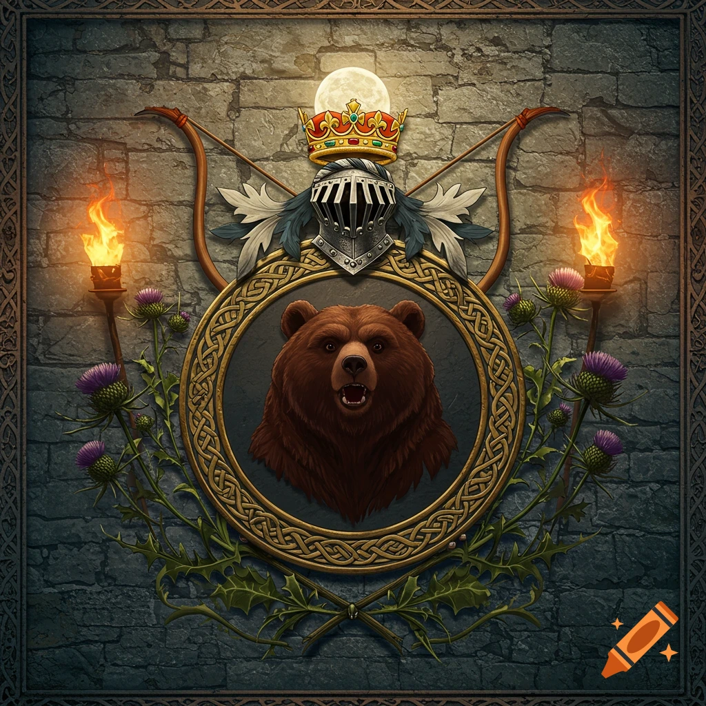 A medieval-style coat of arms with a roaring bear's head in a Celtic knot frame, topped by a crown and helmet. Flanked by torches, bows, and thistles against a stone wall.