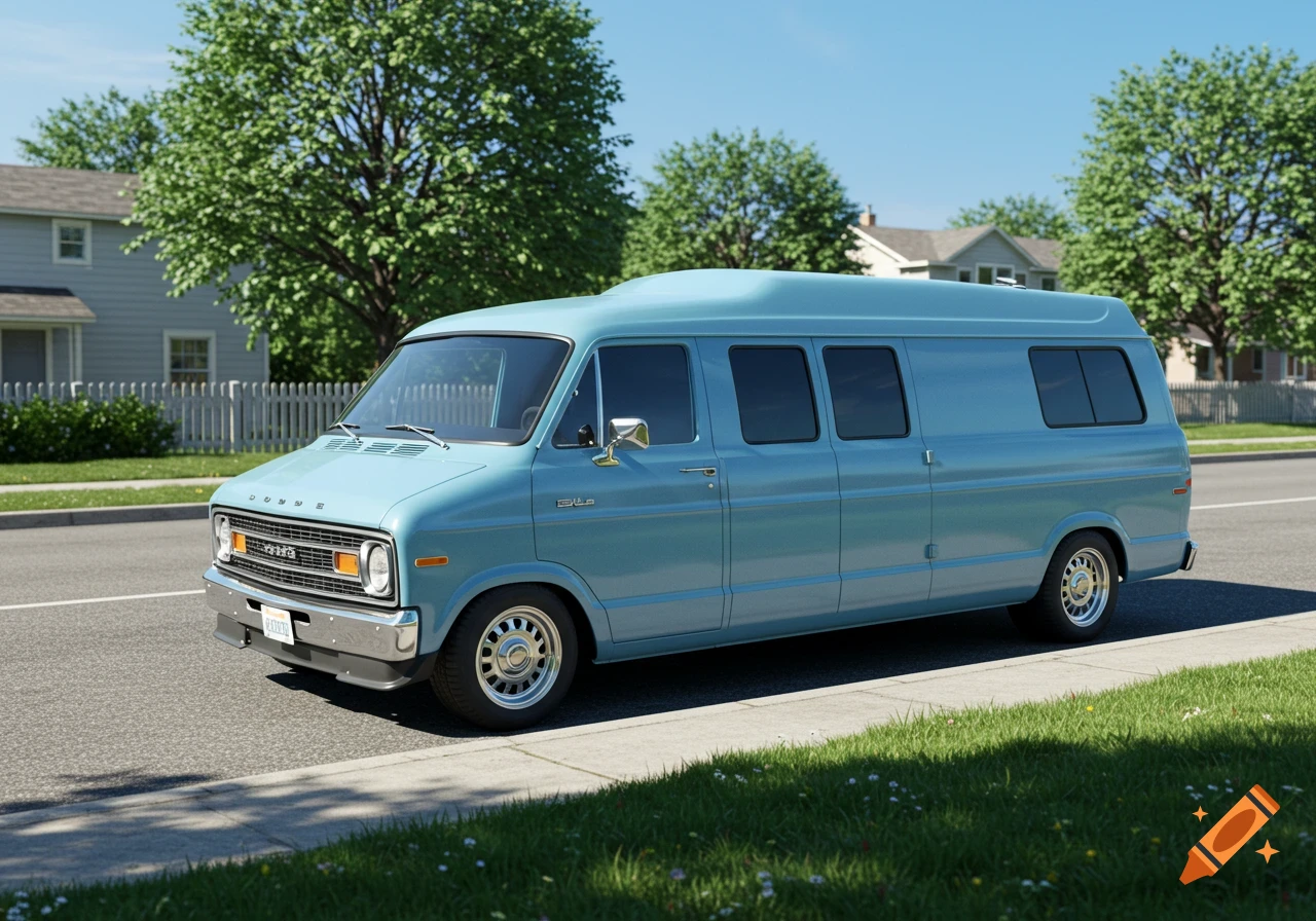A baby blue Dodge high roof extended van parked on a residential street with houses and trees in the background.