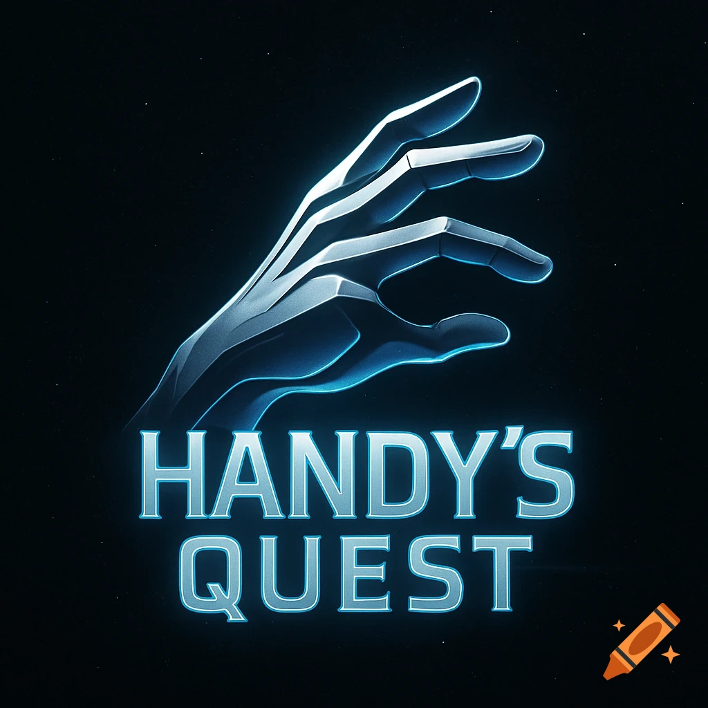 A futuristic metallic hand with blue glowing outlines over dark background, above glowing text 'HANDY'S QUEST'.