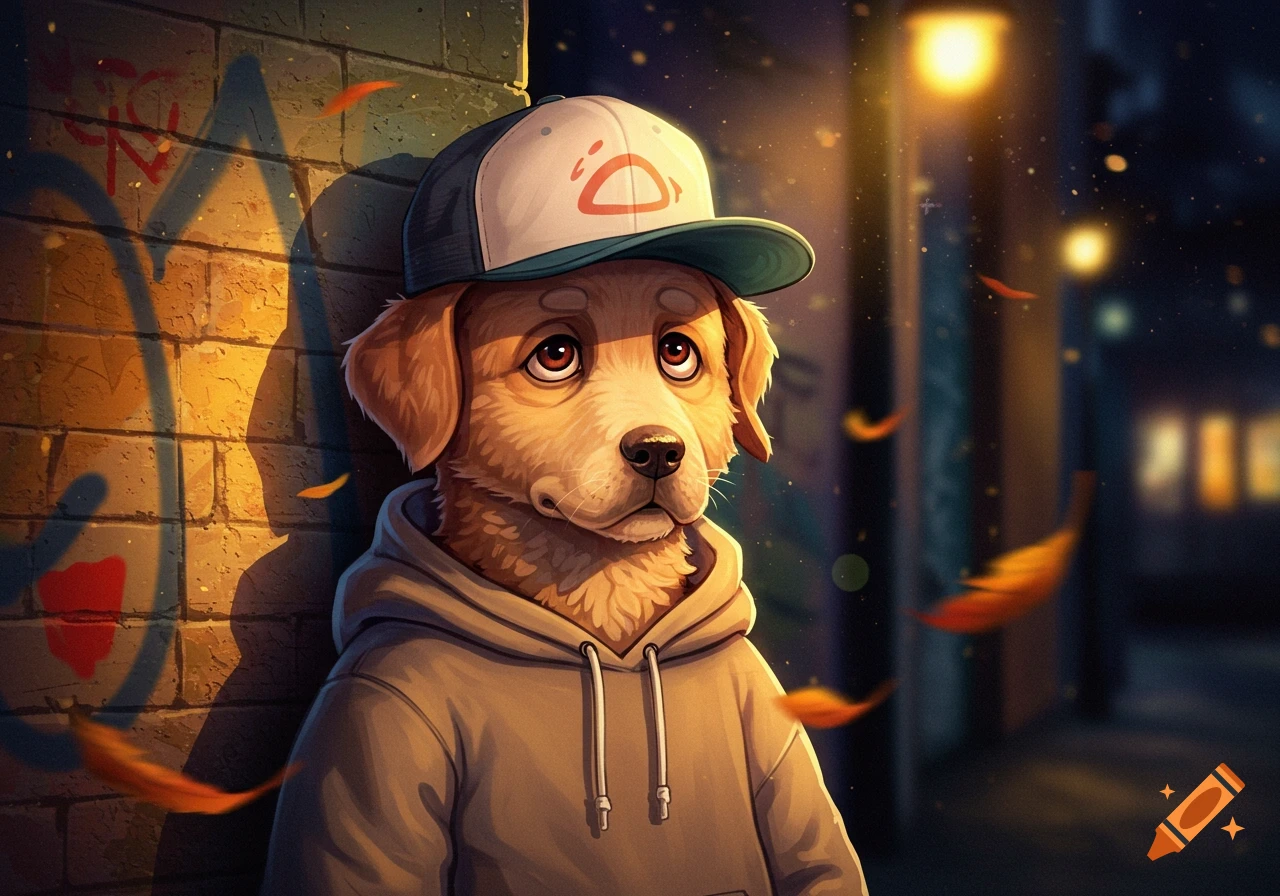 An anthropomorphic golden retriever dog in a hoodie and backwards cap stands by a graffiti-covered brick wall at night, illuminated by a street light, with leaves falling.