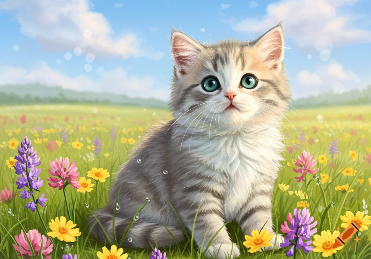 A fluffy grey and white kitten with bright green eyes sits in a vibrant field of colorful flowers under a blue sky.