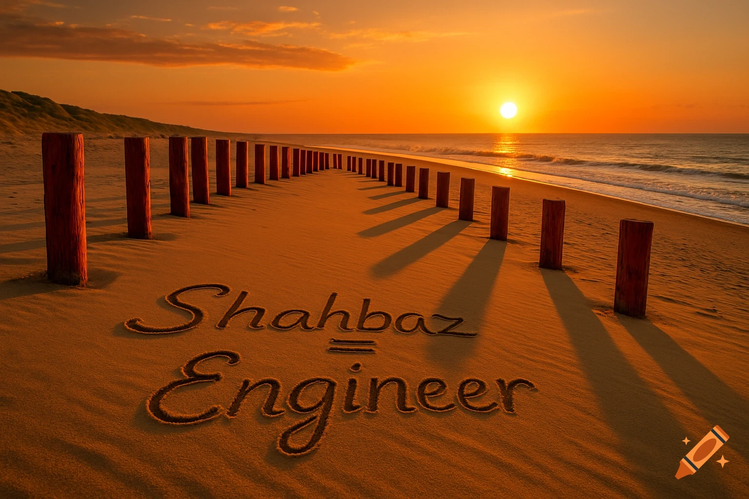 Text 'Shahbaz = Engineer' written in the sand on a beach with wooden posts at sunset, photorealistic.
