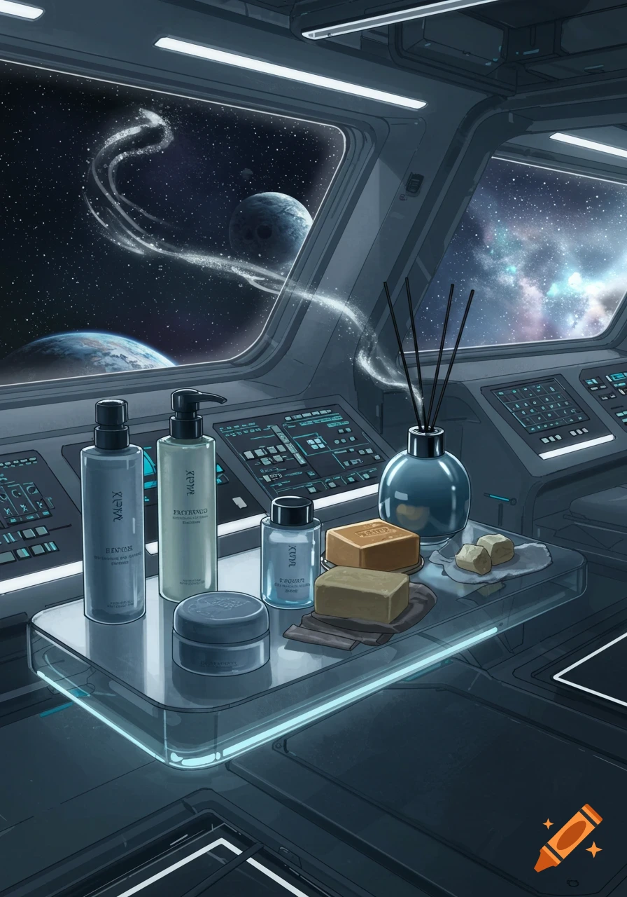 Lotions, soaps, and a scent diffuser on a tray in a futuristic spaceship cockpit, with planets and stars visible through the windows, in a stylized art style.