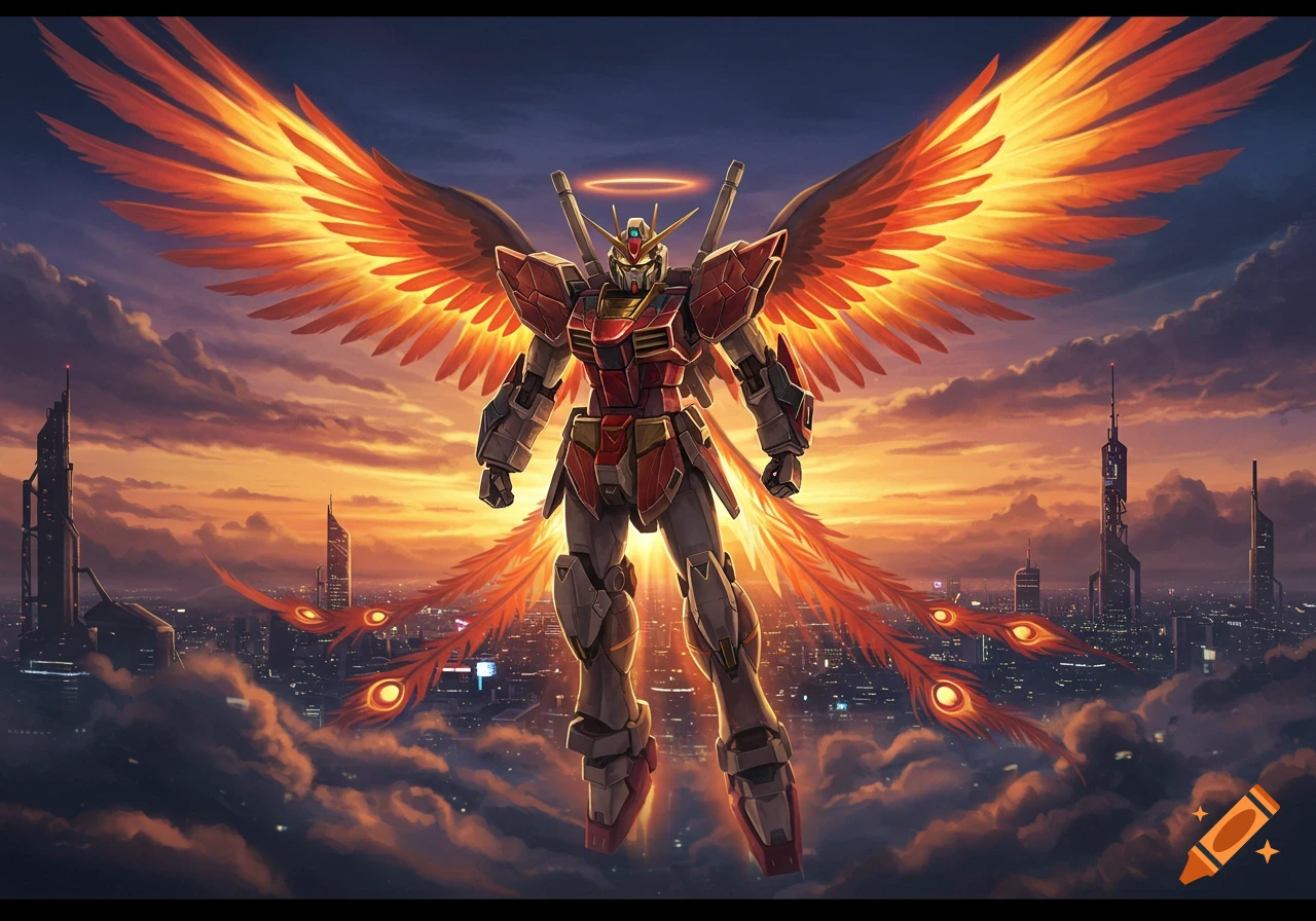 A giant red and gray mecha with fiery phoenix wings hovers above a futuristic city skyline at sunset.
