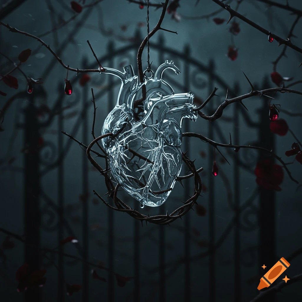 A transparent, glass anatomical heart, suspended and wrapped in thorny branches with red blood-like drops, against a blurred dark gothic gate.