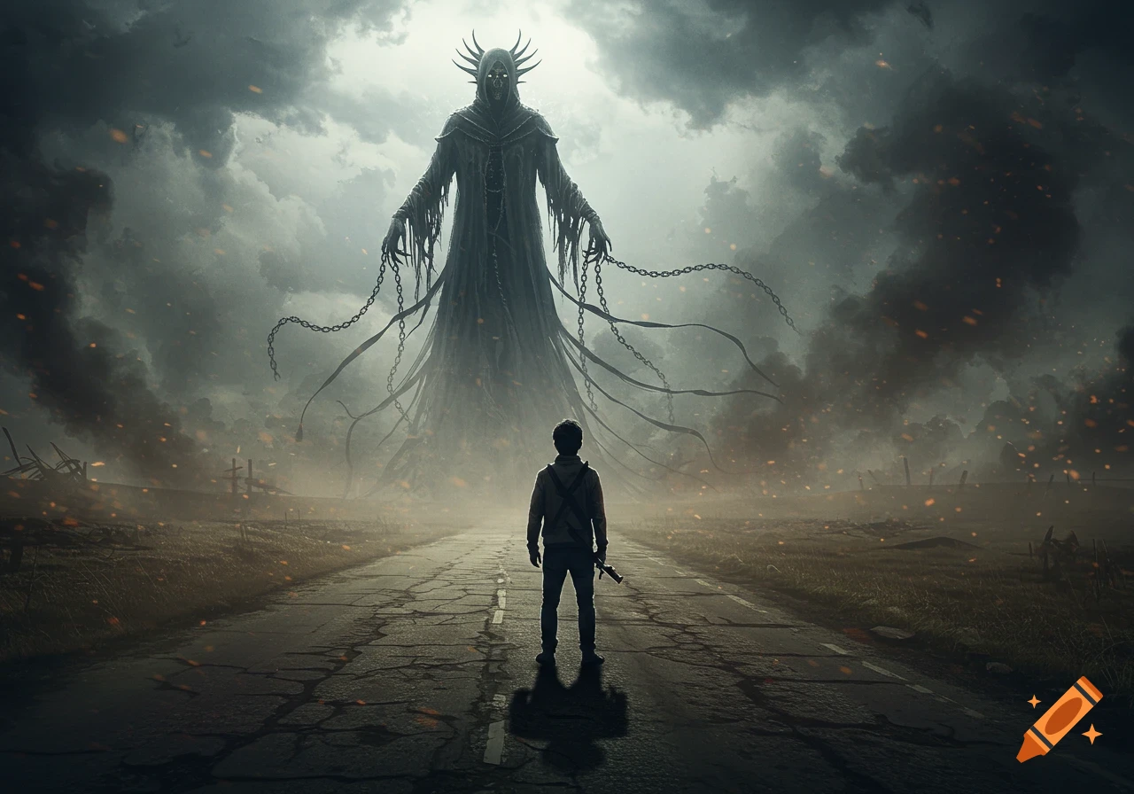 A lone man on a cracked road faces a towering, chained, dark demonic figure in a misty, post-apocalyptic landscape.