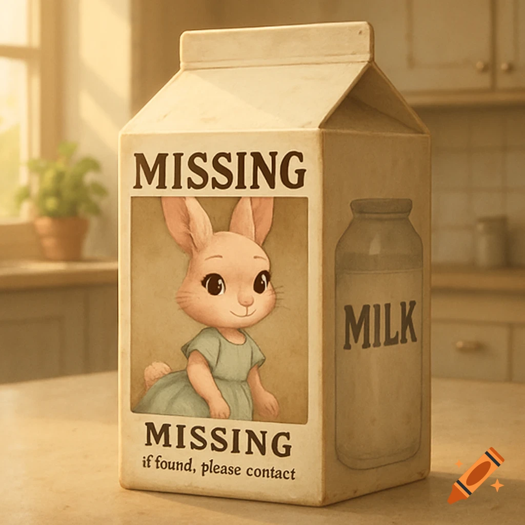 An illustrated milk carton with a missing poster featuring a cute bunny girl in a kitchen.