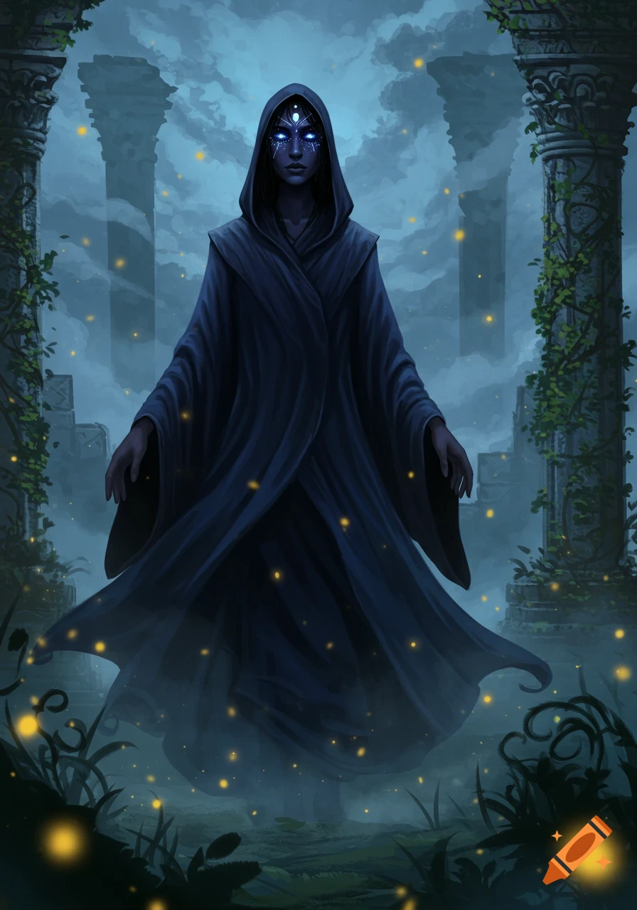 A cloaked figure with glowing blue eyes and a third eye symbol on their forehead stands in misty ruins with floating lights.