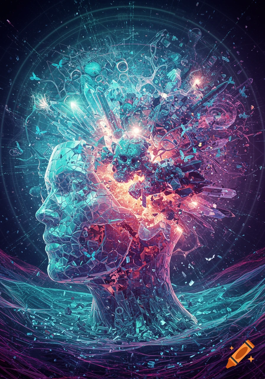 Abstract art of a fractured human head in profile, exploding with crystals, geometric shapes, and light in vibrant teal, magenta, and orange hues.