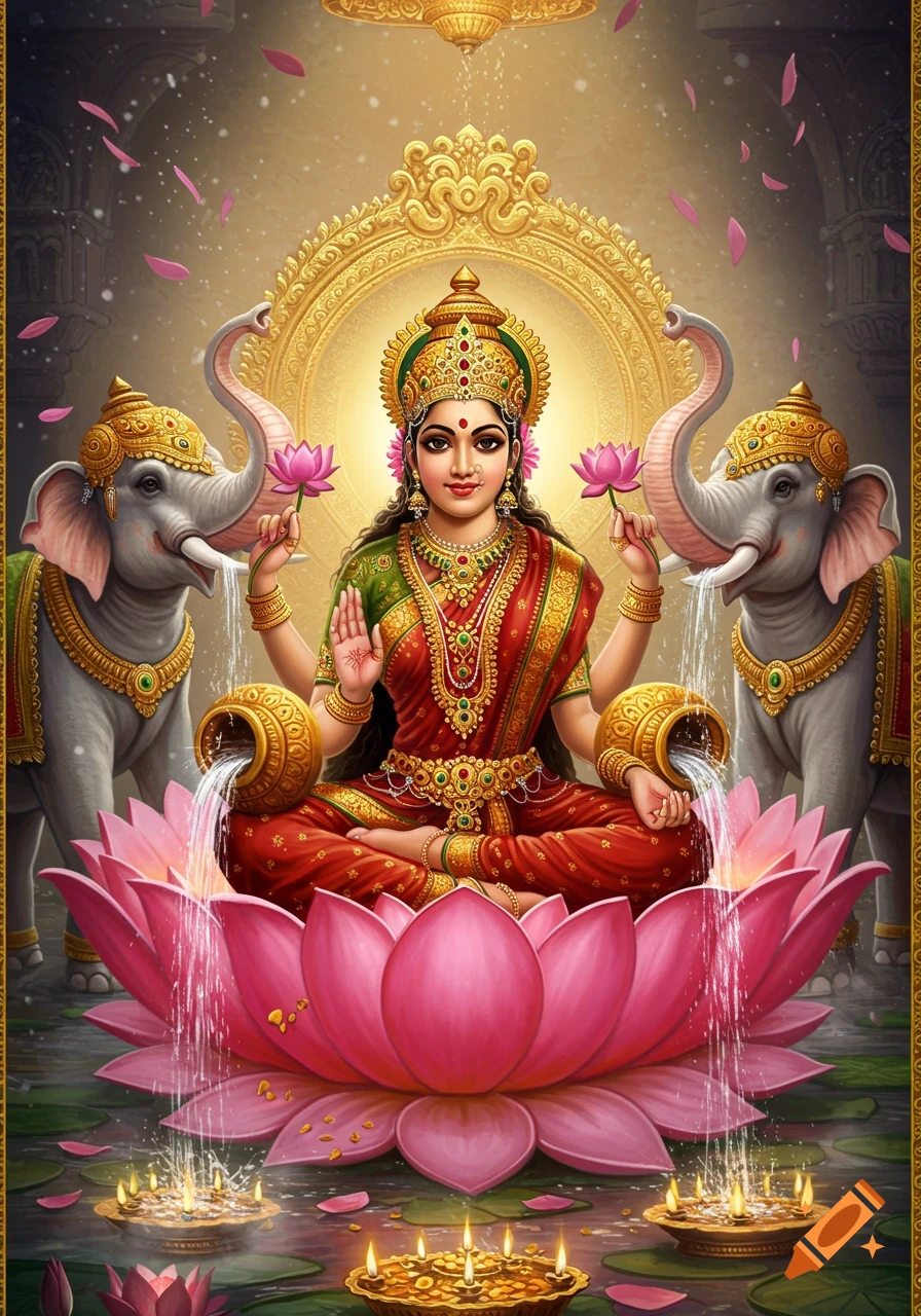 Gajalakshmi, a Hindu goddess, sits on a pink lotus, flanked by elephants showering her with water, in an ornate, vibrant style.