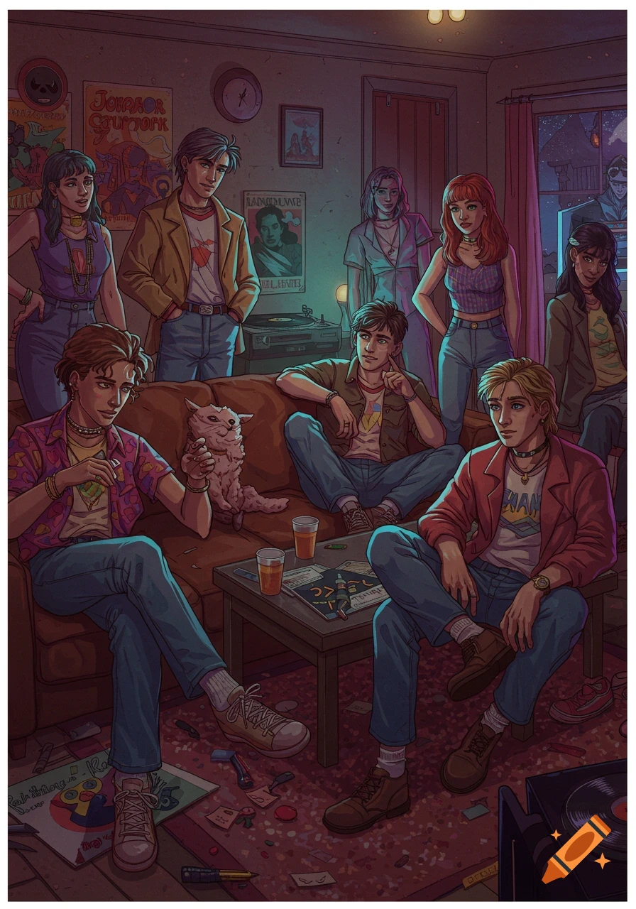 An illustrated group portrait of young adults and a cat hanging out in a retro-styled living room with posters and records.