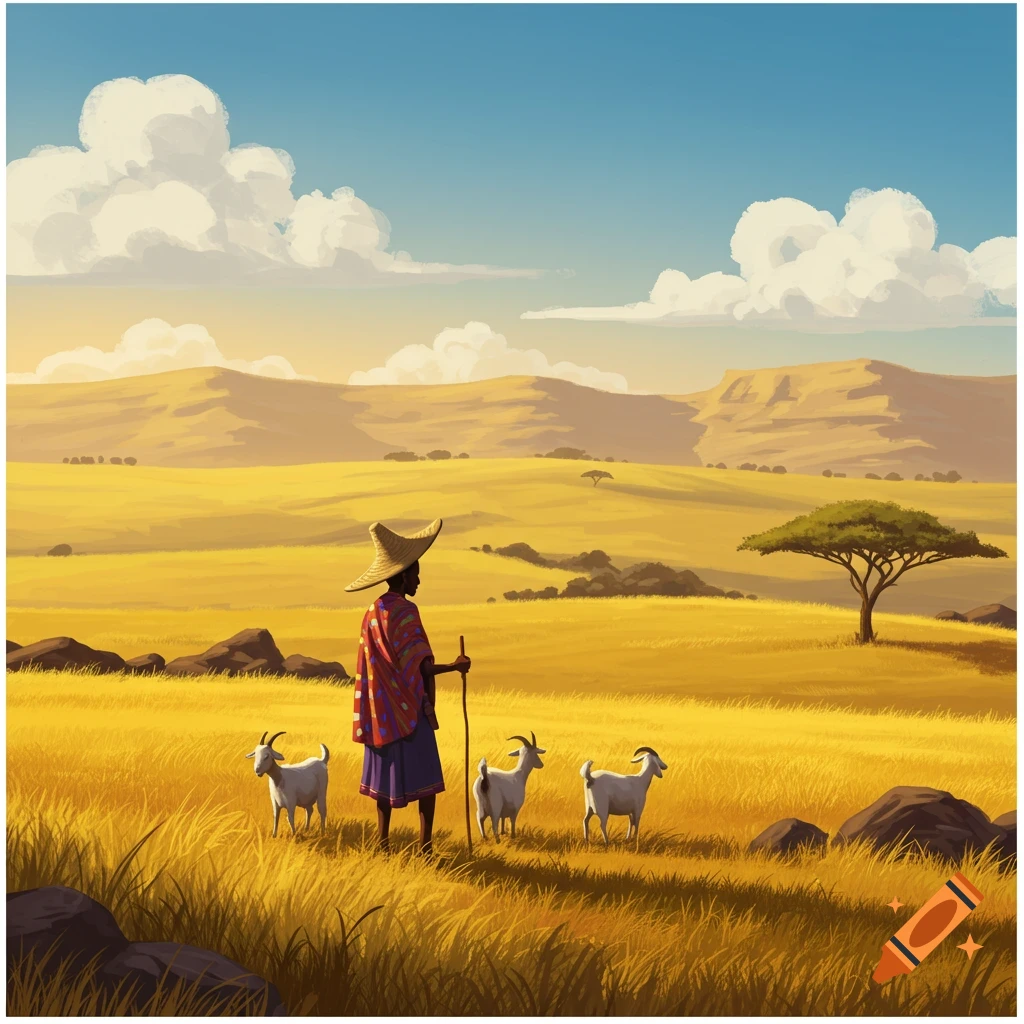 Illustration of a person in a straw hat with three goats in a sunny, golden savanna landscape with hills and an acacia tree.