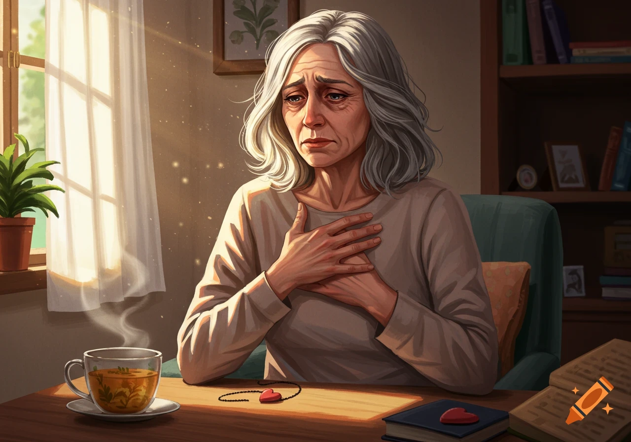 An elderly woman with gray hair looks worried, holding her chest, in a warmly lit room with tea and books.
