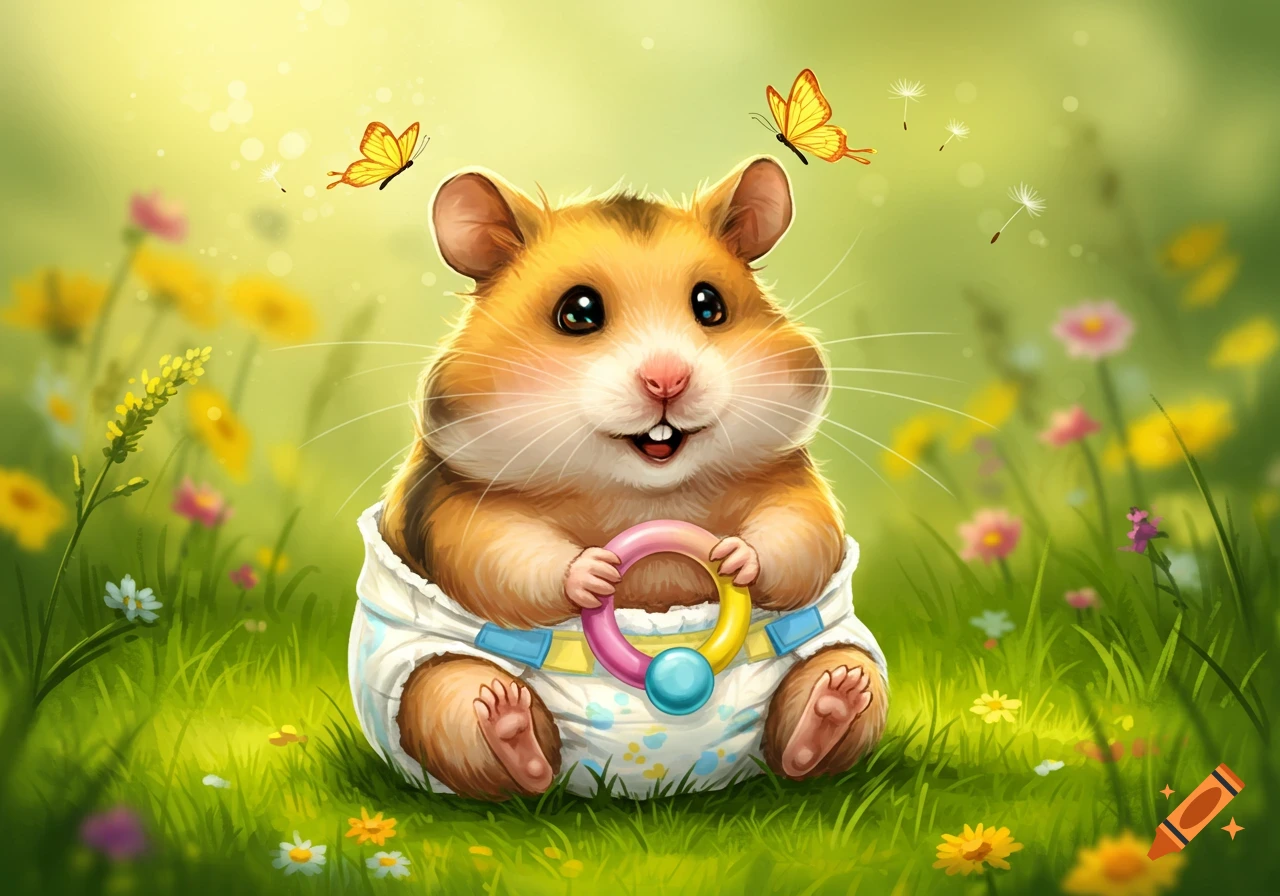 A cute cartoon hamster in a diaper holds a rattle, smiling in a sunny field with flowers and butterflies.