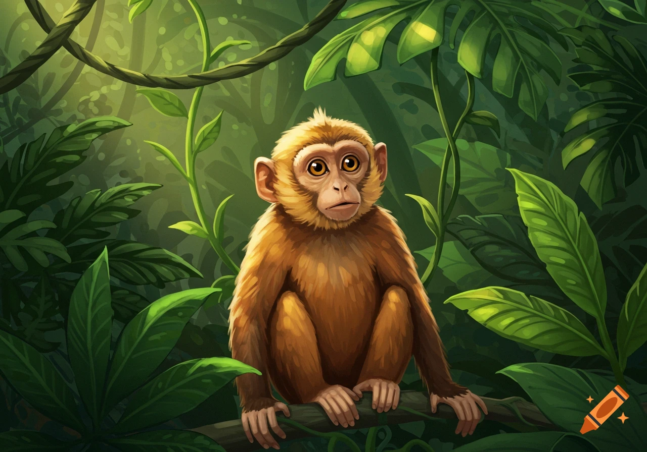 A cartoon baby monkey with big eyes sits on a tree branch in a lush green jungle.