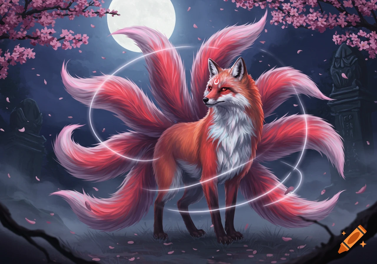 A majestic red and white nine-tailed kitsune with glowing red eyes stands under a cherry blossom tree against a full moon in fantasy digital art.