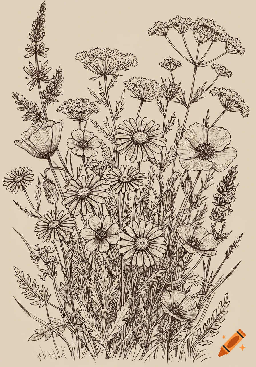Detailed hand-drawn illustration of wildflowers including poppies, daisies, and wild carrot on a beige background.