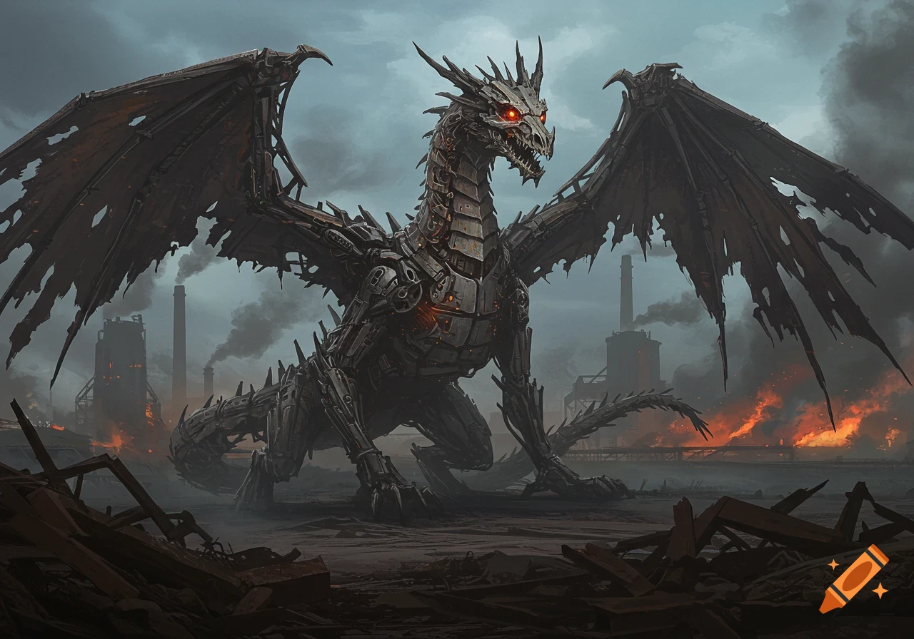 A large, menacing dragon made of metal scraps with torn wings stands in a smoky industrial wasteland with fires.