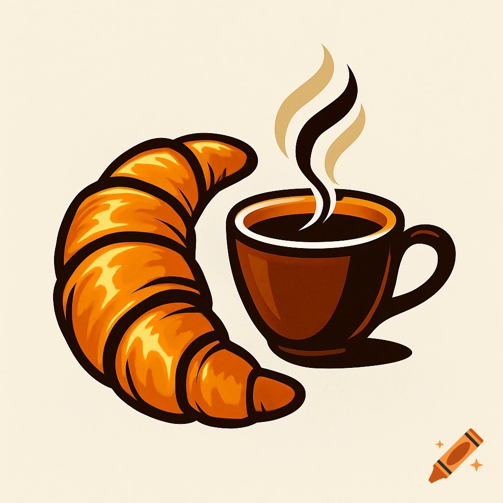 Stylized illustration of a golden croissant next to a steaming cup of coffee.