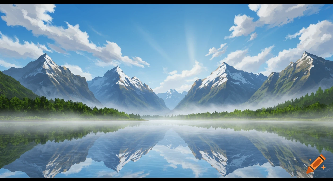Snow-capped mountains reflected in a still lake under a bright blue sky with white clouds and shining sun.