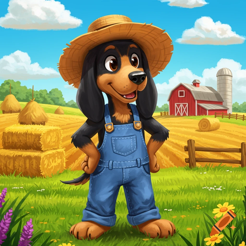 A cartoon black and brown coonhound dog wearing a straw hat and blue overalls stands in a sunny farm field with a red barn in the background.