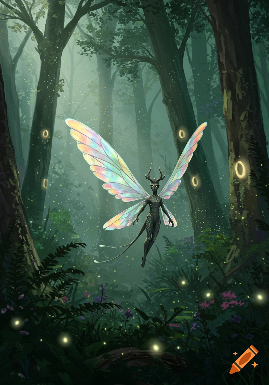 An antlered dark-skinned fairy with iridescent wings floats in a misty forest with glowing orbs.
