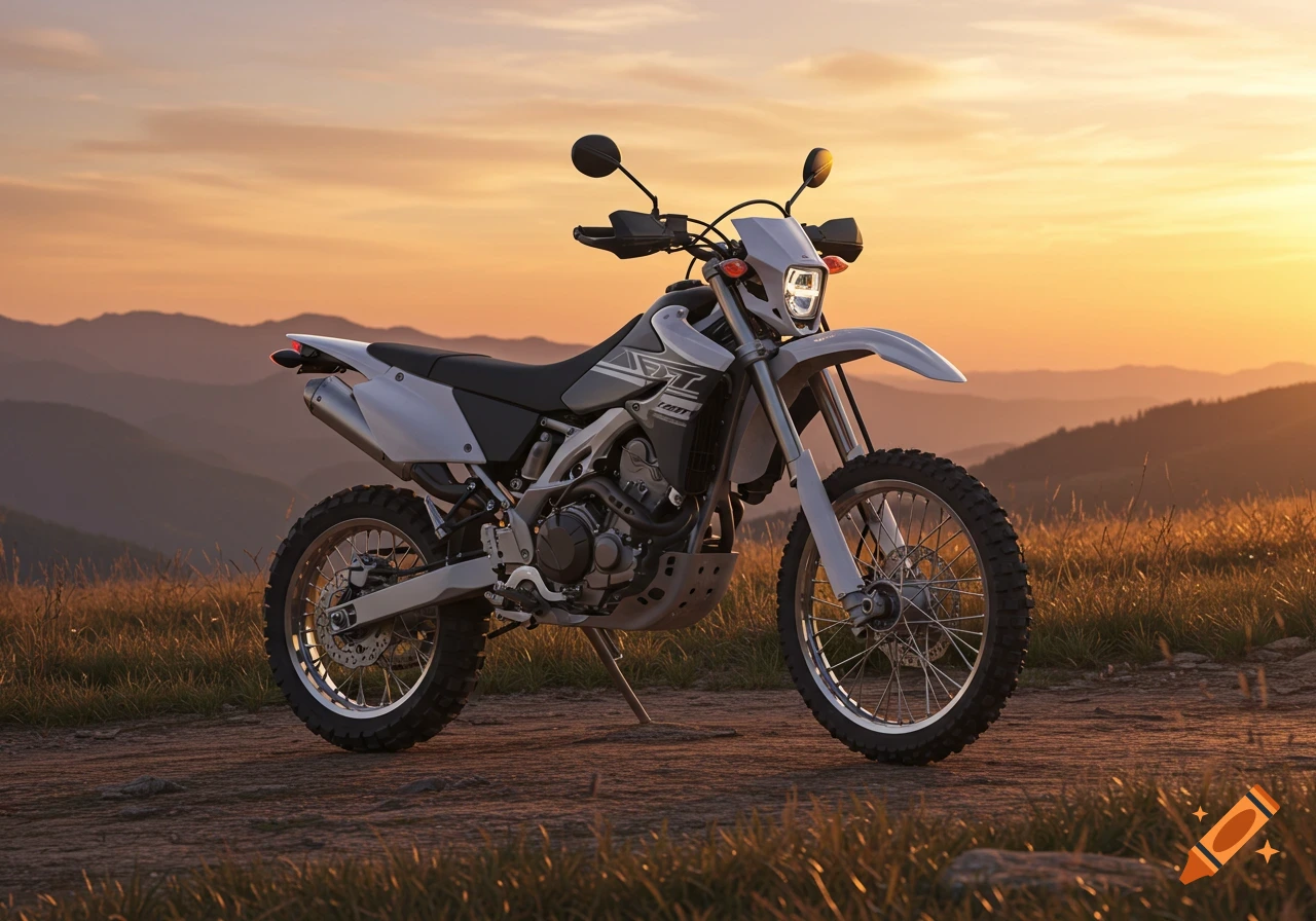 A white and gray dirt bike stands on a dirt path with mountains and a golden sunset in the background, photorealistic style.