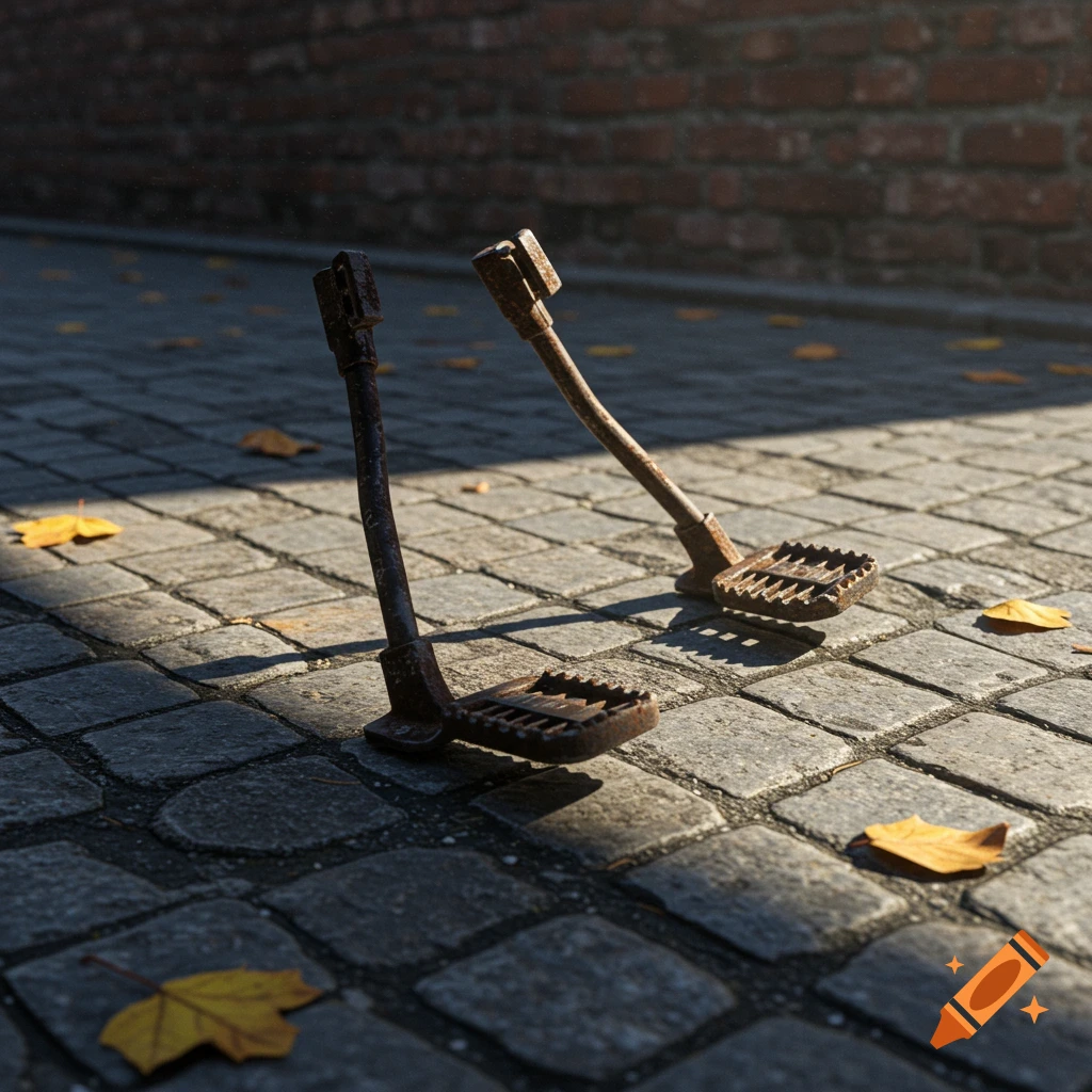 Two rusty bike kickstands stand on a cobblestone path scattered with yellow autumn leaves, bathed in sunlight.