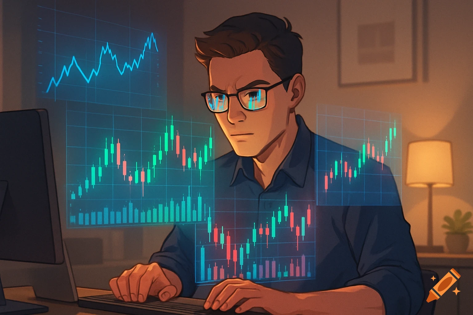 A focused man in glasses sits at a computer, surrounded by glowing stock market charts in a stylized digital art style.