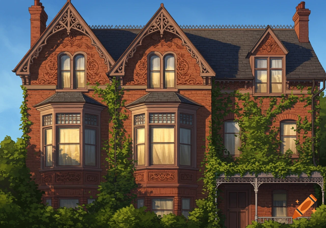 Detailed illustration of a red brick Victorian house facade with bay windows, gables, ornate trim, and climbing ivy.