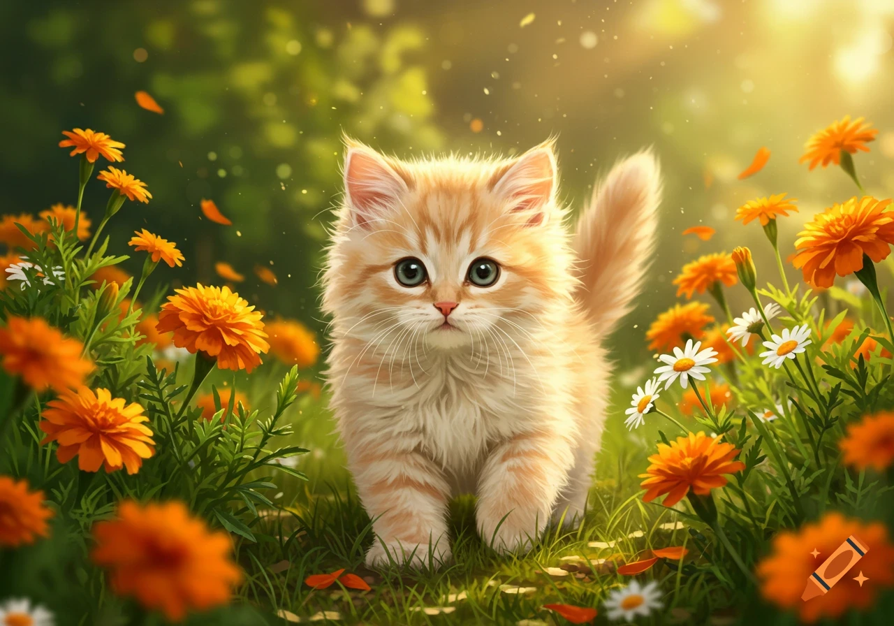 A fluffy ginger kitten with large blue eyes stands in a vibrant field of orange and white flowers under soft sunlight.
