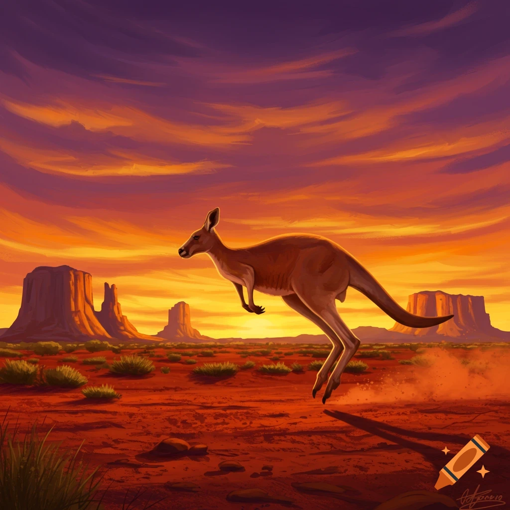 A kangaroo leaps across a vibrant orange-red desert landscape at sunset, with distant mesa formations under a purple and orange sky.