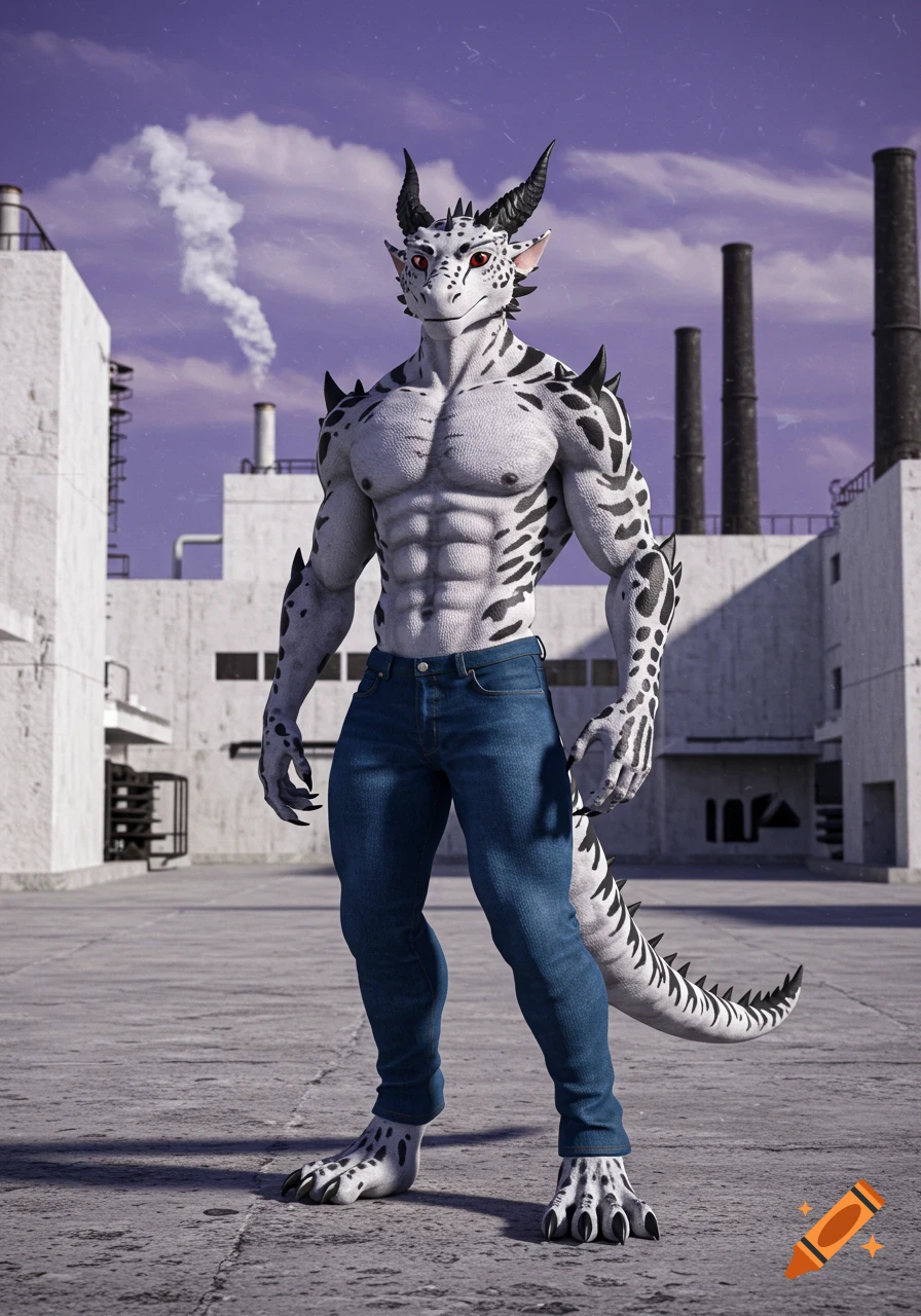 A muscular white dragon-like furry with black markings and red eyes, wearing jeans, stands in an industrial courtyard under a purple sky.