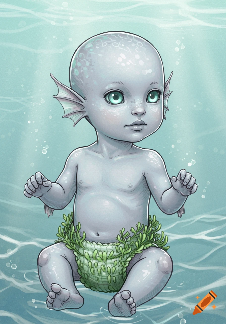 An illustration of a pale blue, large-eyed Aquilo infant with webbed ears and an aquatic plant diaper, floating underwater.