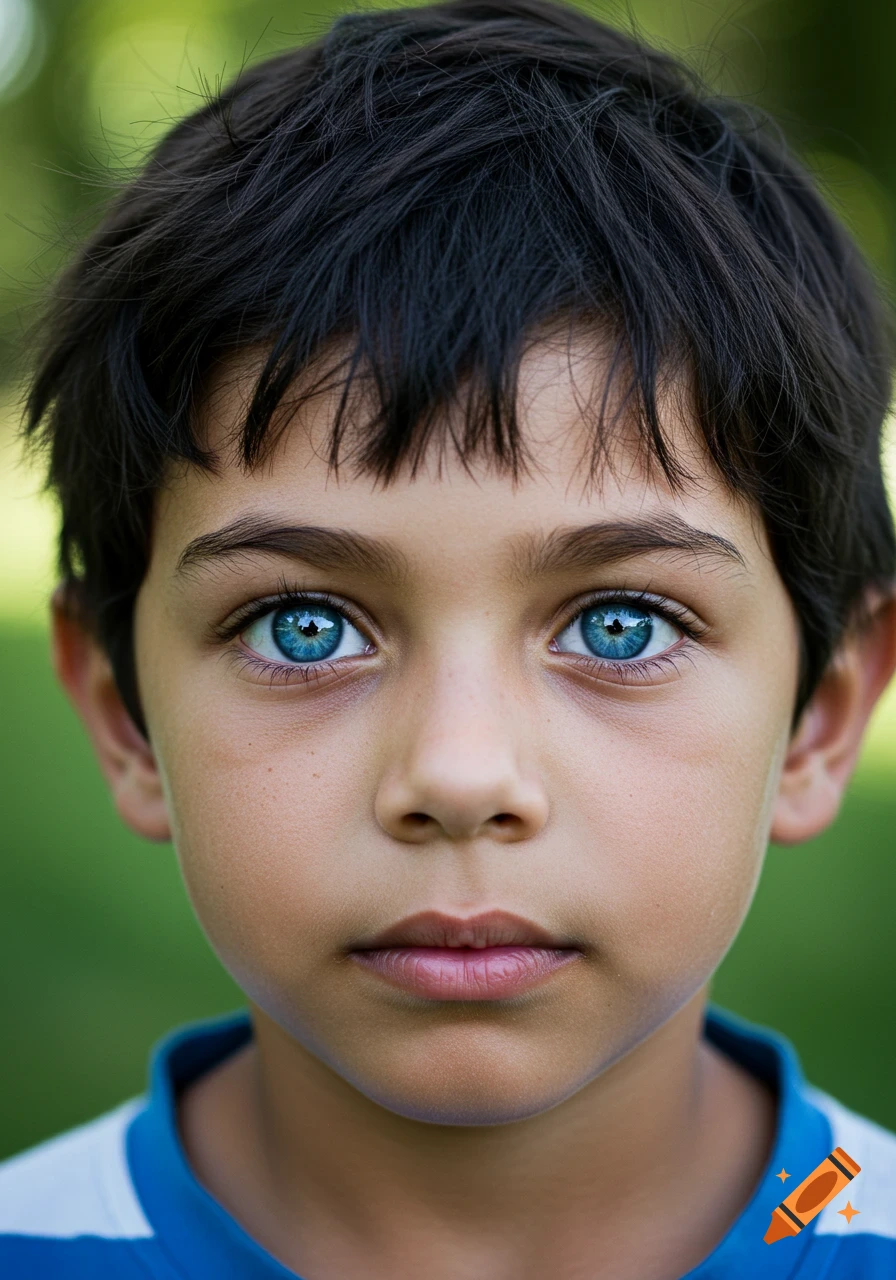 A close-up photorealistic portrait of a young boy with deep blue eyes and  black hair, looking directly at the viewer. on Craiyon, image size:896x1280