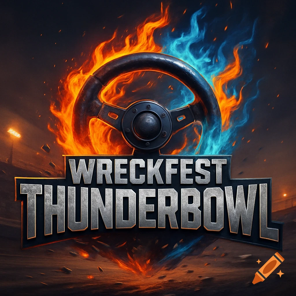A video game logo for Wreckfest Thunderbowl, featuring a steering wheel on fire with orange and blue flames against a dark background.