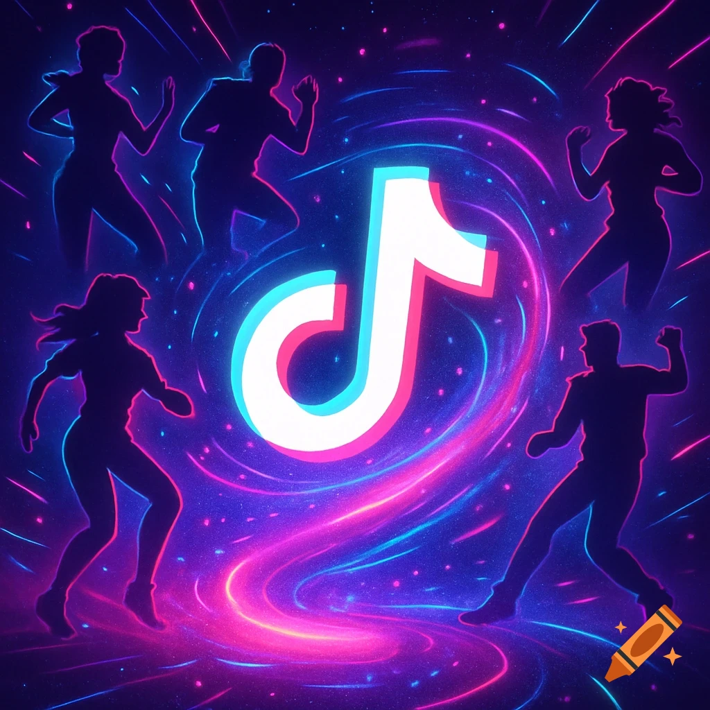 A vibrant digital art image featuring the TikTok logo at its center, surrounded by silhouettes of people dancing amidst glowing neon lines and cosmic dust.