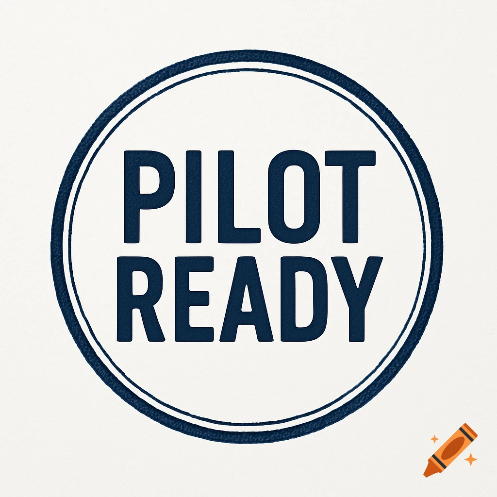 Dark blue circular logo with "PILOT READY" text on a white background.