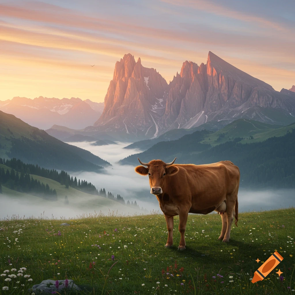A brown cow stands in a wildflower meadow with majestic, sunlit mountains and misty valleys in the background at sunrise.