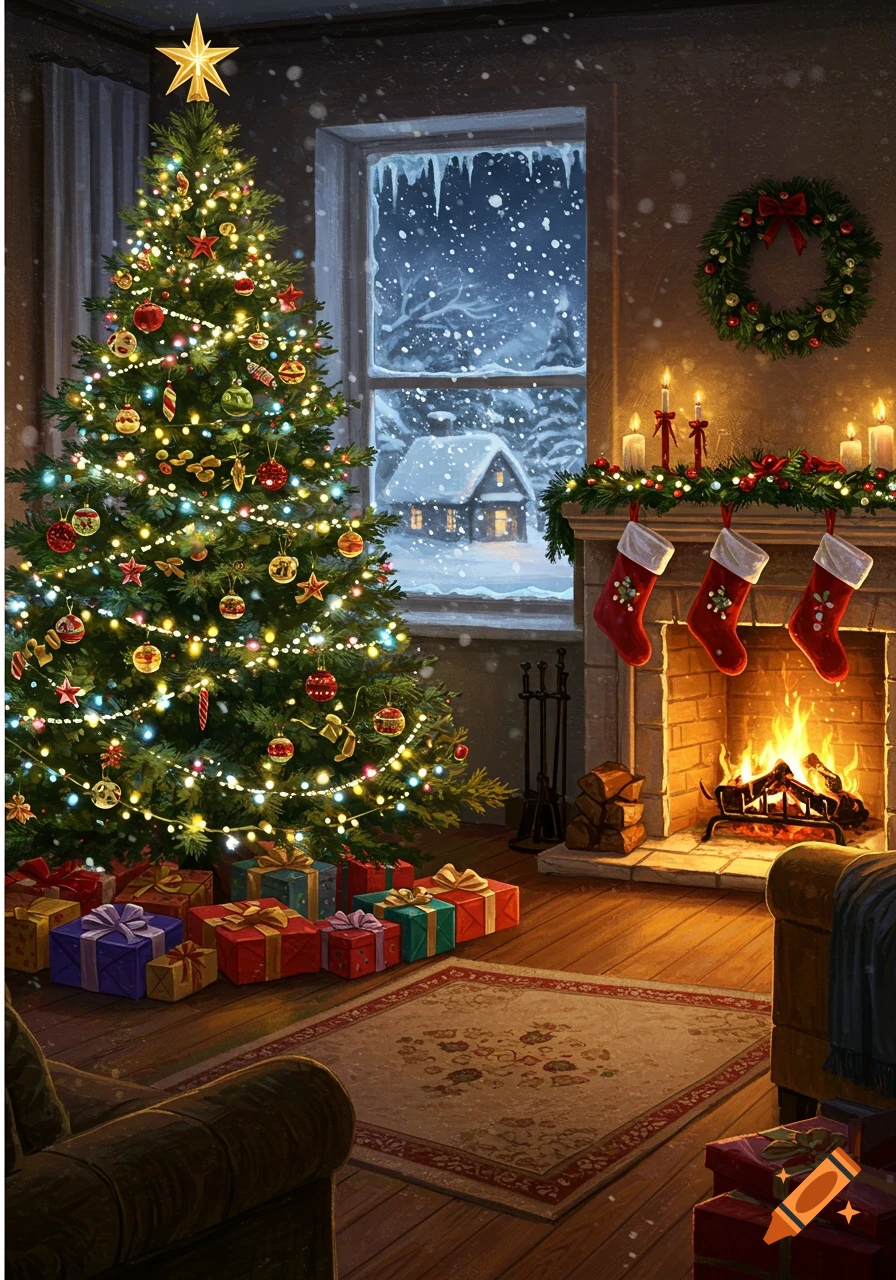 A cozy Christmas living room with a brightly lit tree, gifts, a fireplace with stockings, and a snowy window scene.